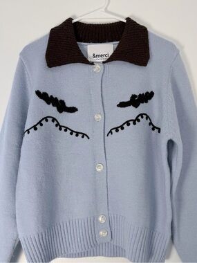 &merci Country Western Style Baby Blue and Brown Long Sleeve Cardigan Sz L